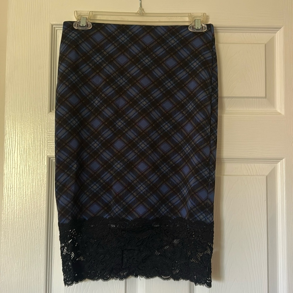 Plaid & lace midi skirt